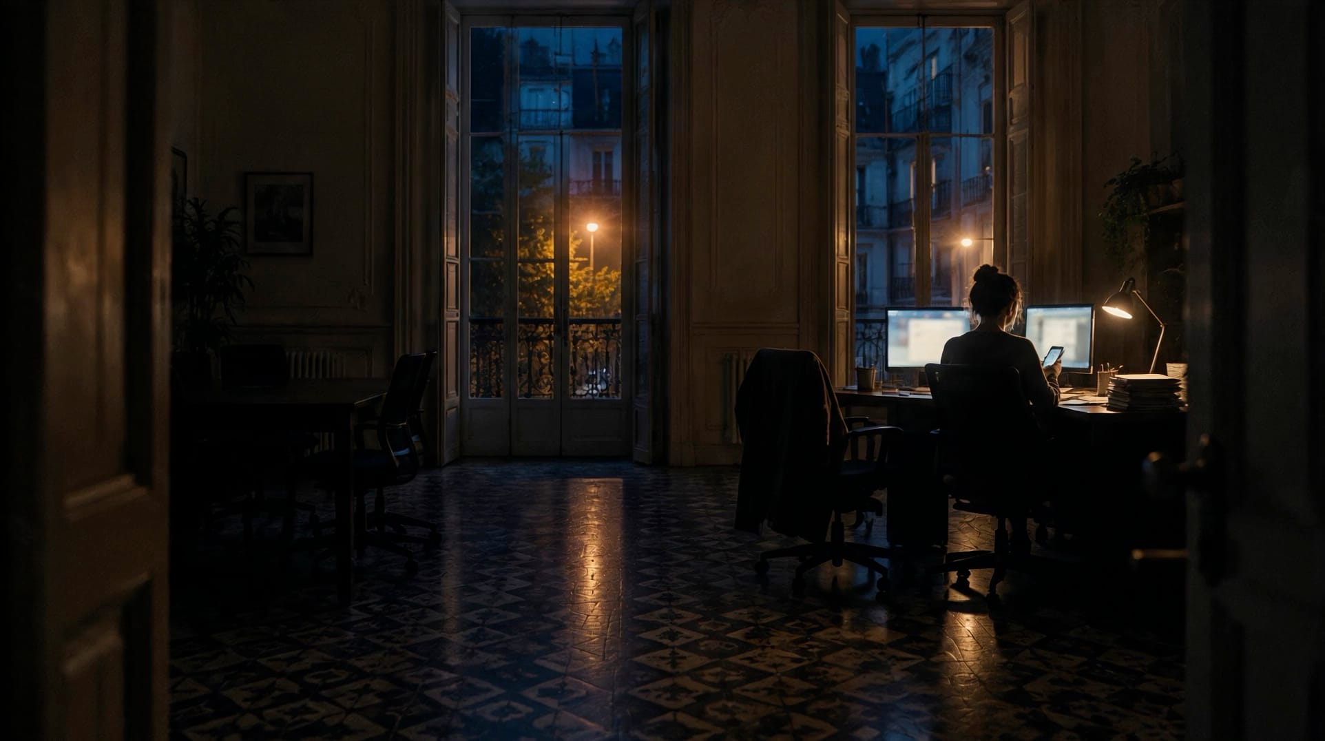 Oficina en un piso antiguo de Madrid, de noche: una empleada, de espaldas, sigue trabajando sola frente a dos monitores y una lámpara.